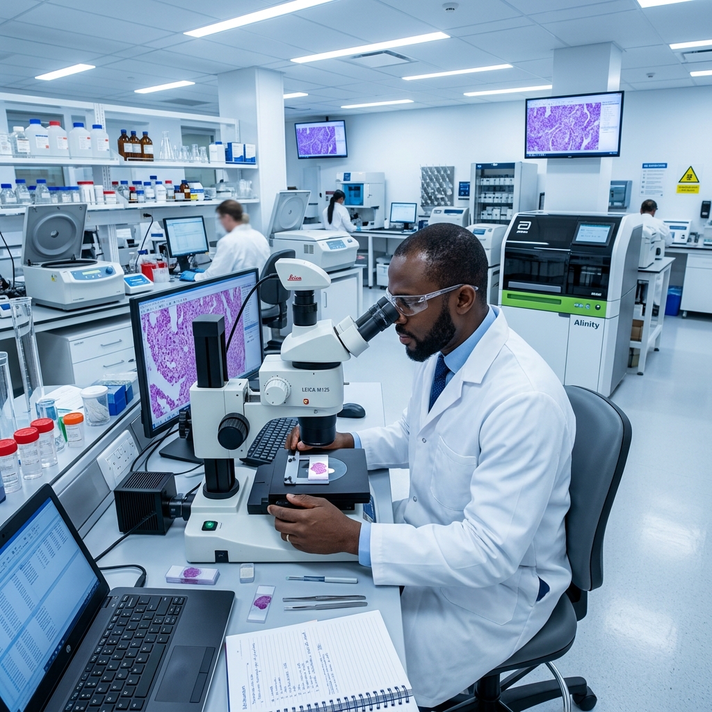 Nigerian pathologist examining slides