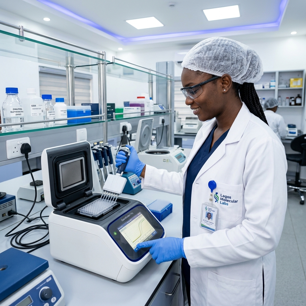 Nigerian technician operating PCR machine
